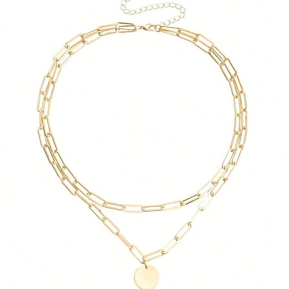 Yellow Gold Women's & Metal Punk Chain Necklace With Round Pendant - Picture 5 of 7